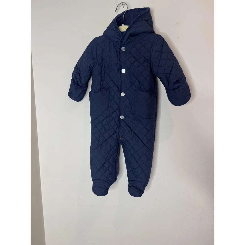 Ralph Lauren Snowsuit Baby Boys 3-6 Months Blue Quilted Hooded Footed Bunting